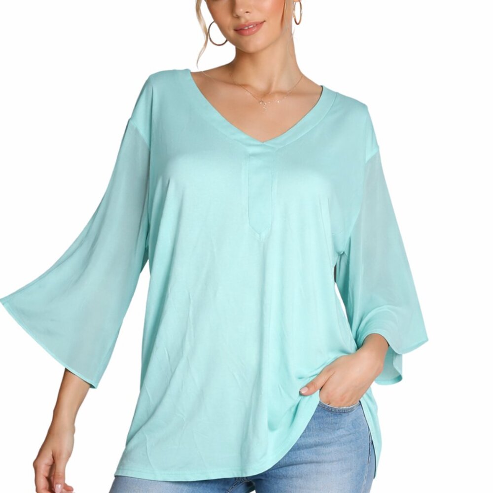 Kristine Boho Tunic Top L XL Mint Bell Sleeve Stretch Viscose Soft Flowy Resort